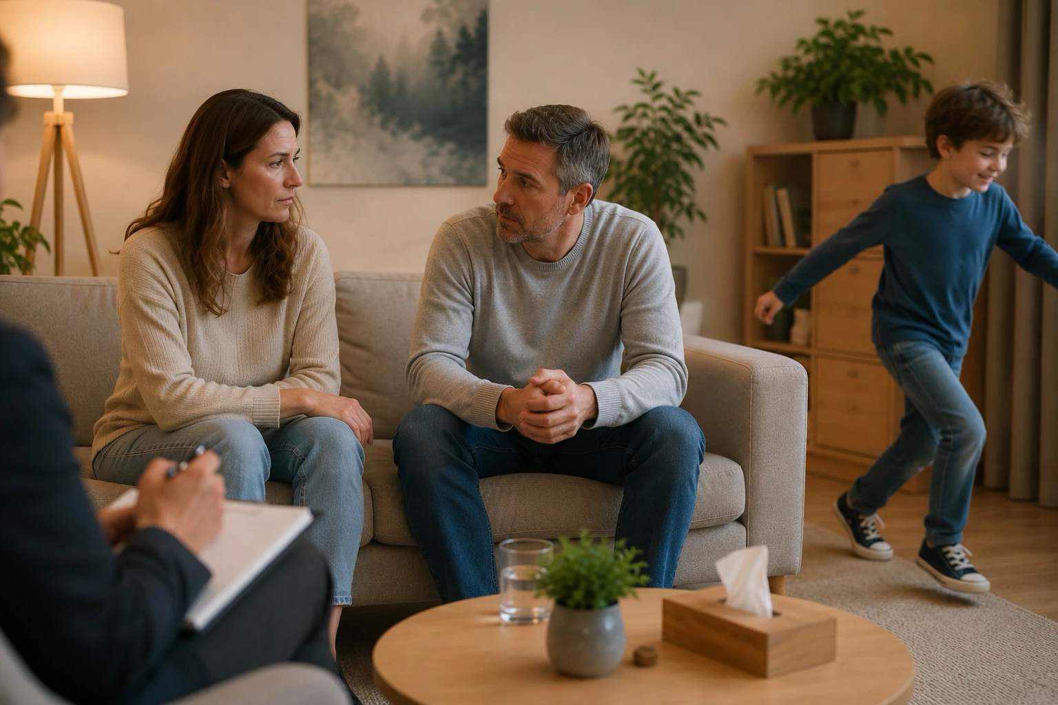 Ein Paar mit Kind in einem Beratungsgespräch — Paarberatung für Eltern in München
