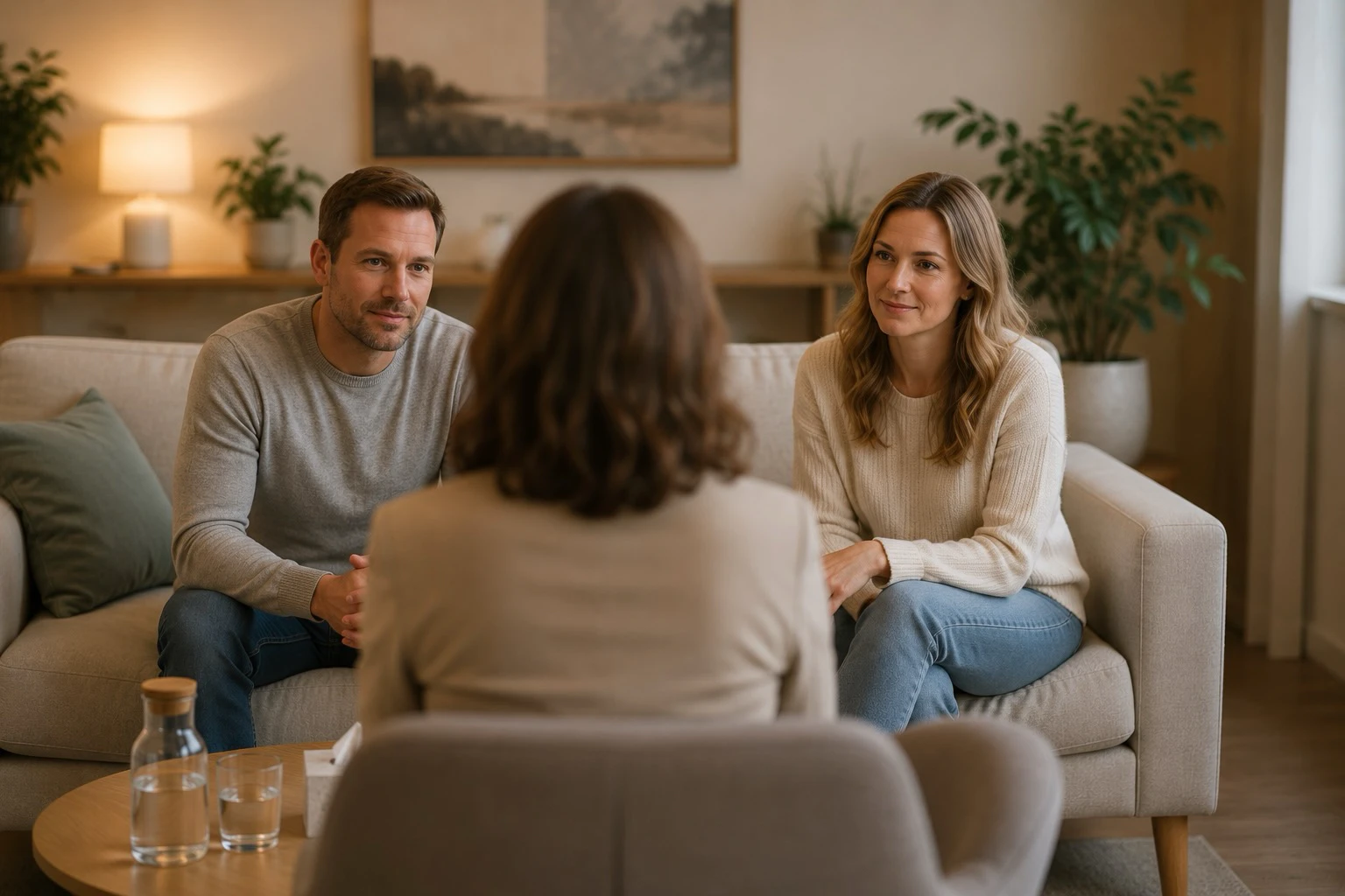 Ein Paar im entspannten Gespräch mit einer Beraterin – Paarcoaching in München