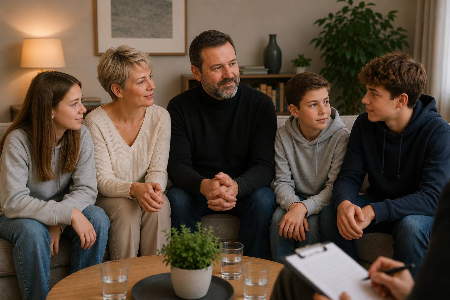 Eine Patchwork-Familie im gemeinsamen Gespräch — Patchwork-Beratung in München